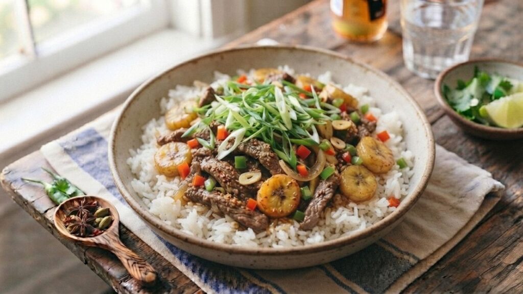 Beef banana rice bowl