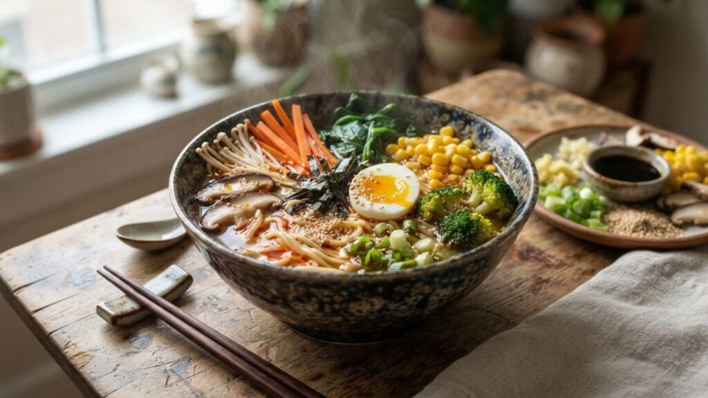 Colorful vegetable ramen bowl