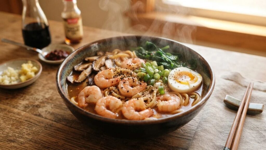 Spicy shrimp ramen bowl